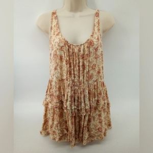 Free People Intimately Boho Orange Floral Pleated Tiered Top XS 100% Rayon